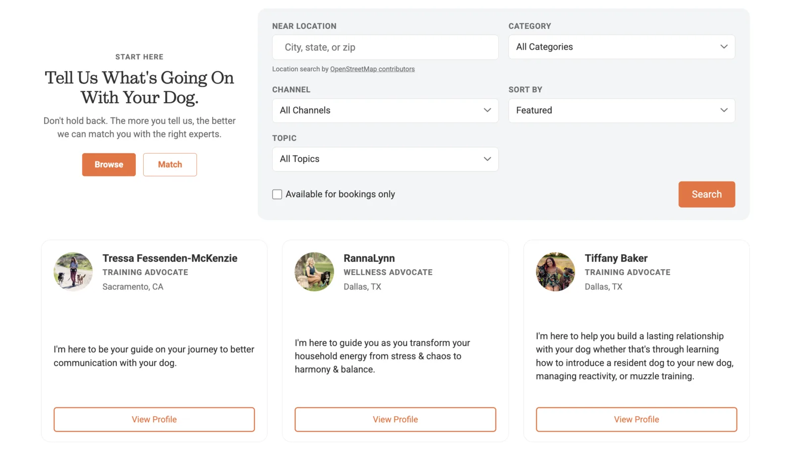 Dogly Advocate Browse mode with structured location, category, channel, topic, availability, and sorting controls