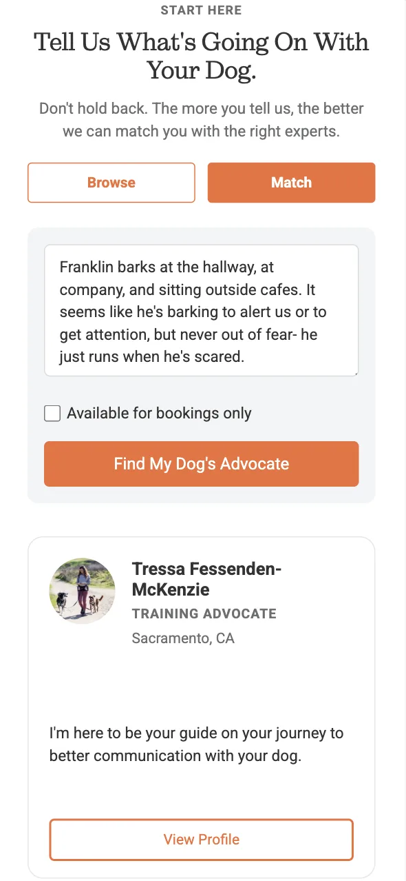 Dogly Advocate Match mode in a narrow mobile layout with one professional result