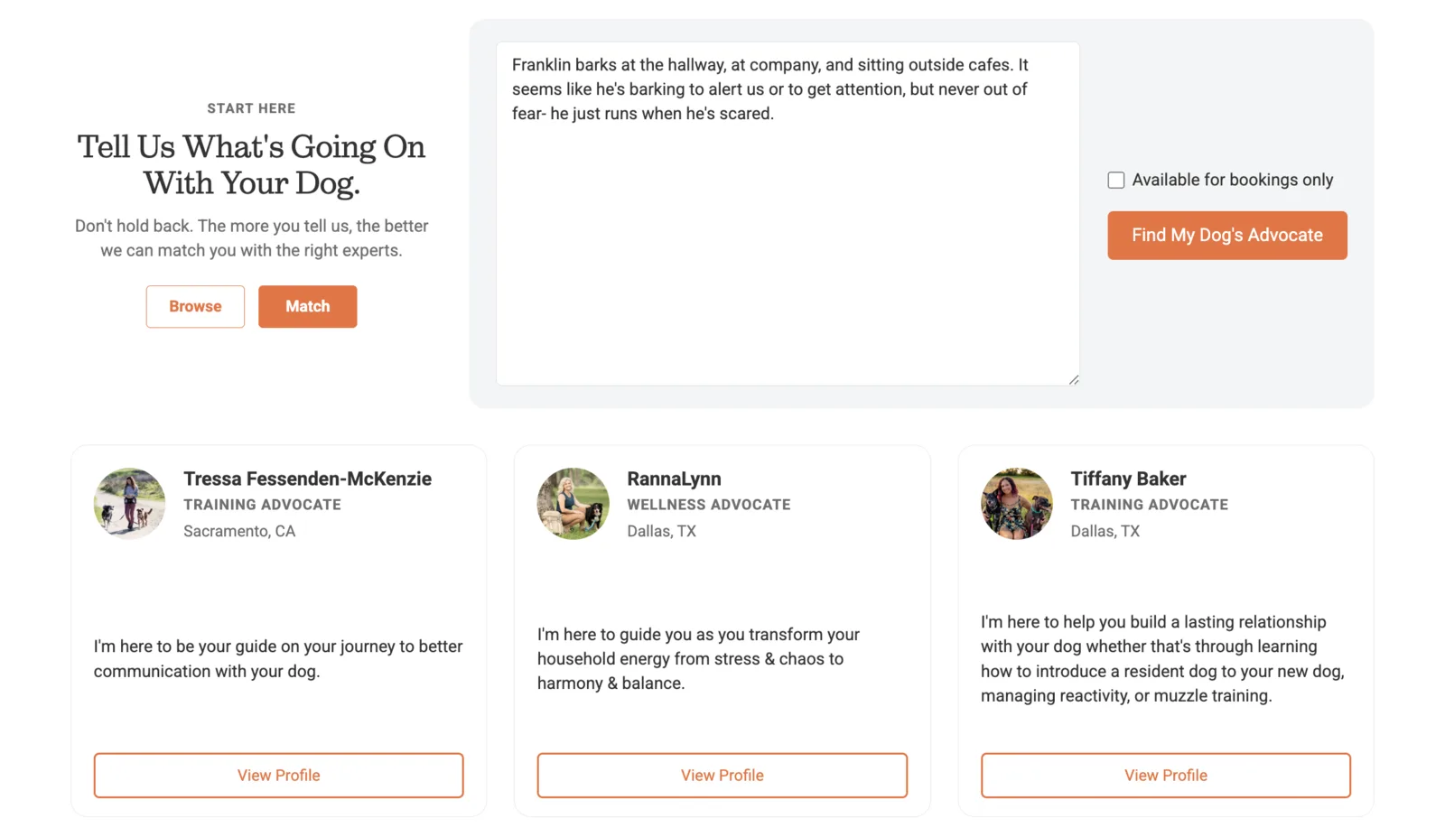 Dogly Advocate Match mode returning three professionals for a detailed description of a dog's behavior