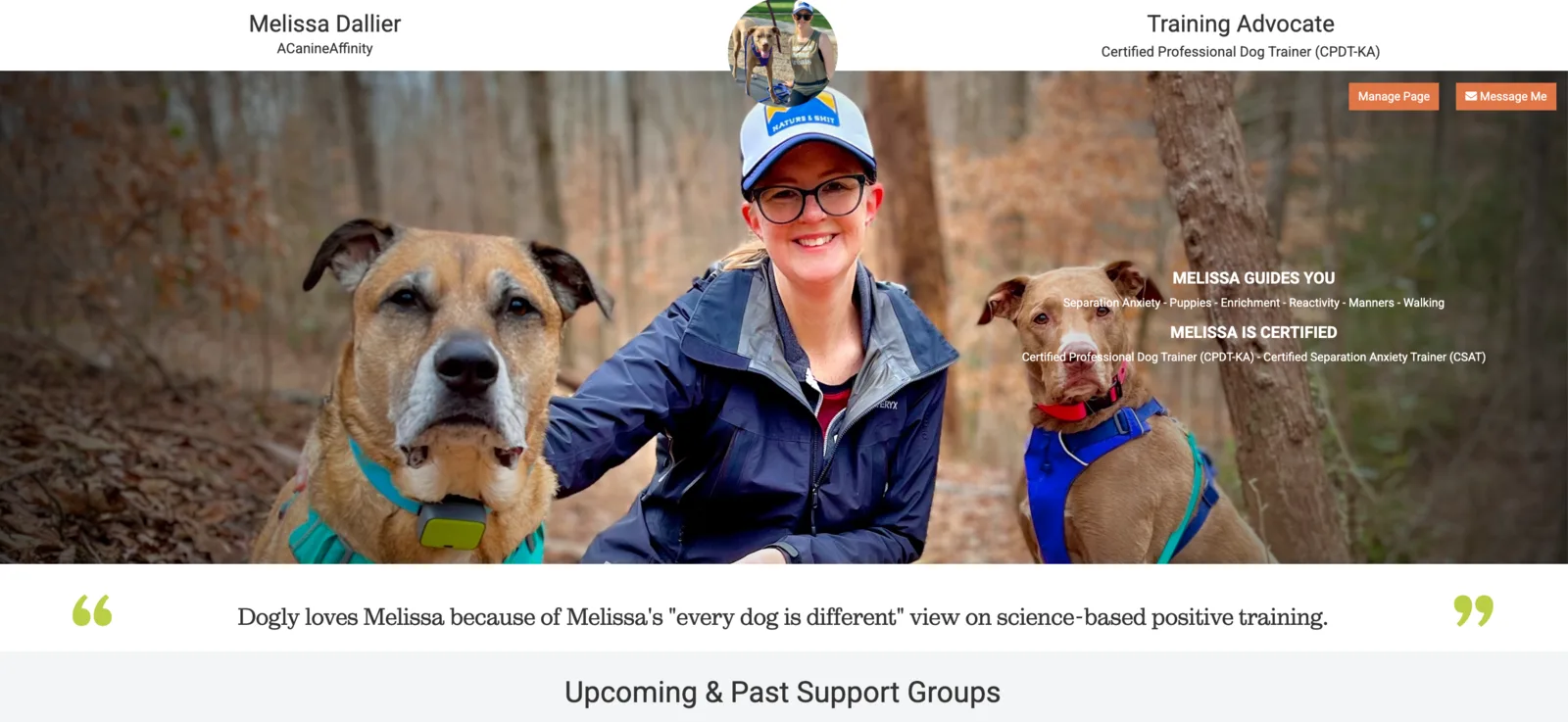 The 2020 Advocate profile combines professional identity, photography, specialties, and support-group content.
