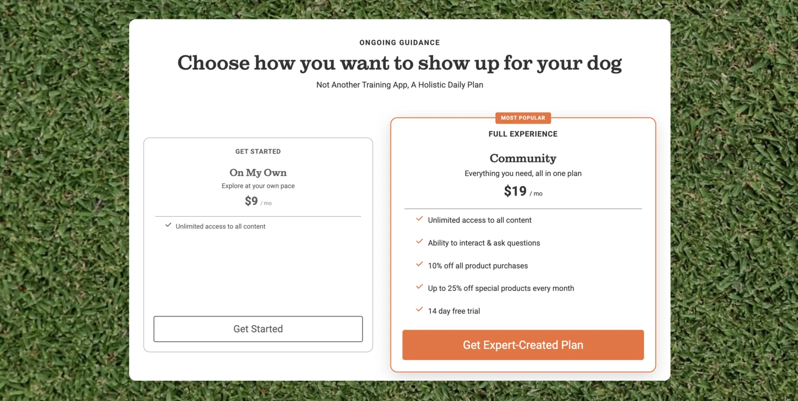 A registered-user homepage compares self-guided access with the full community membership.