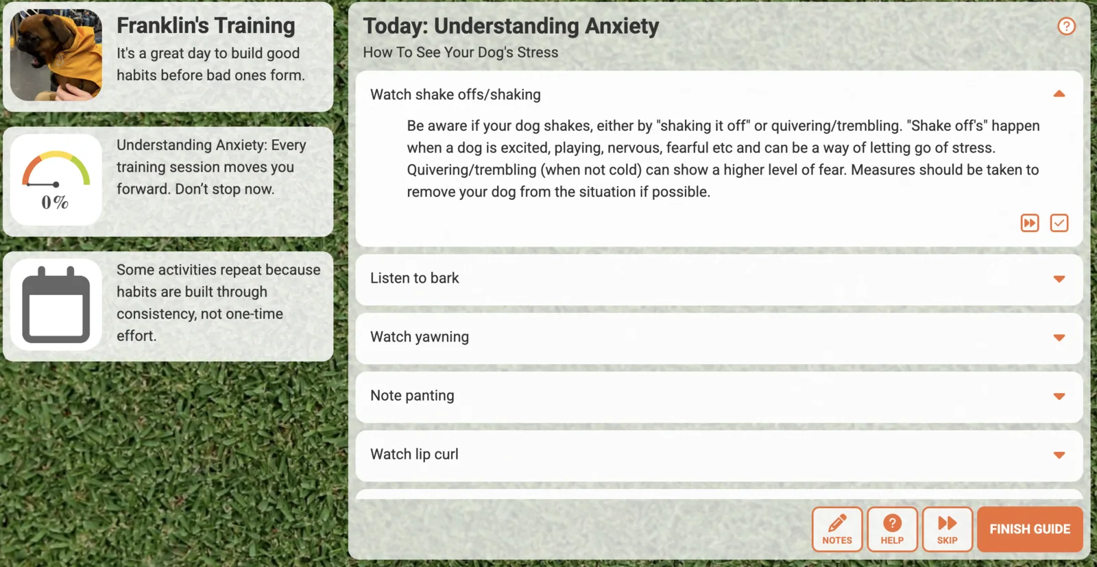 A desktop daily guide presents progress context, an expanded task, notes, help, skipping, and completion controls.