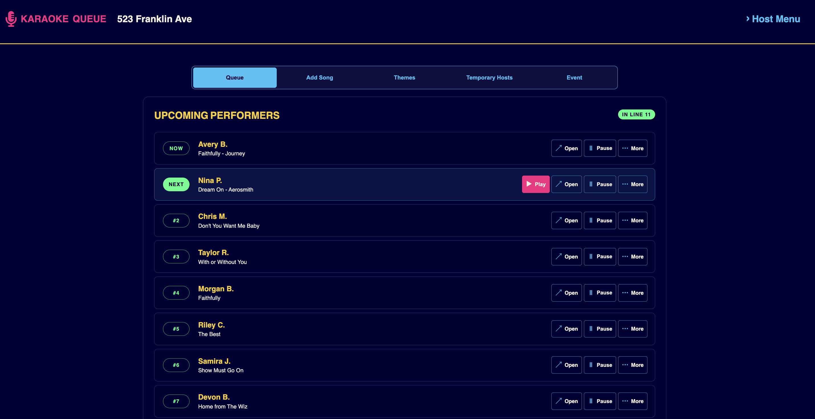 Karaoke Queue host workspace showing the live queue with current, next, and upcoming performers.