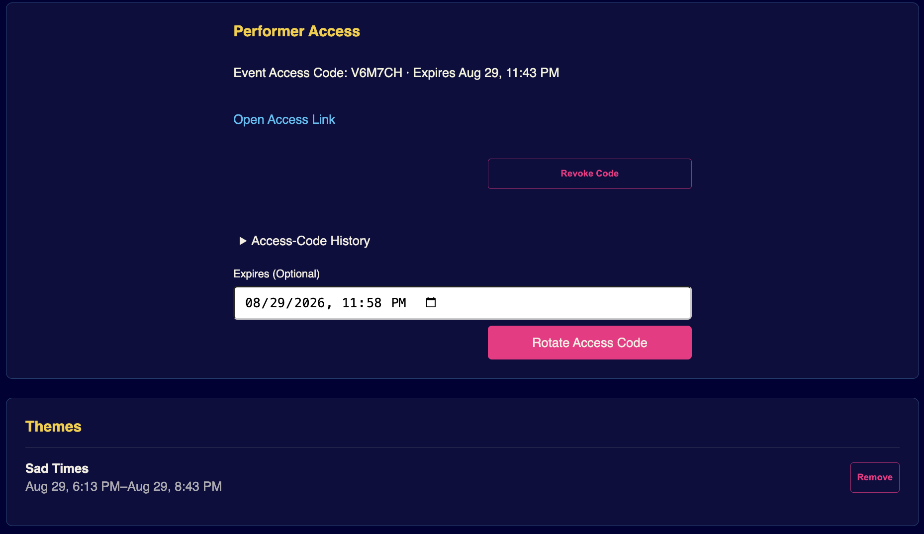 The performer-access section shows a rotating event code, its expiry, and the active theme.
