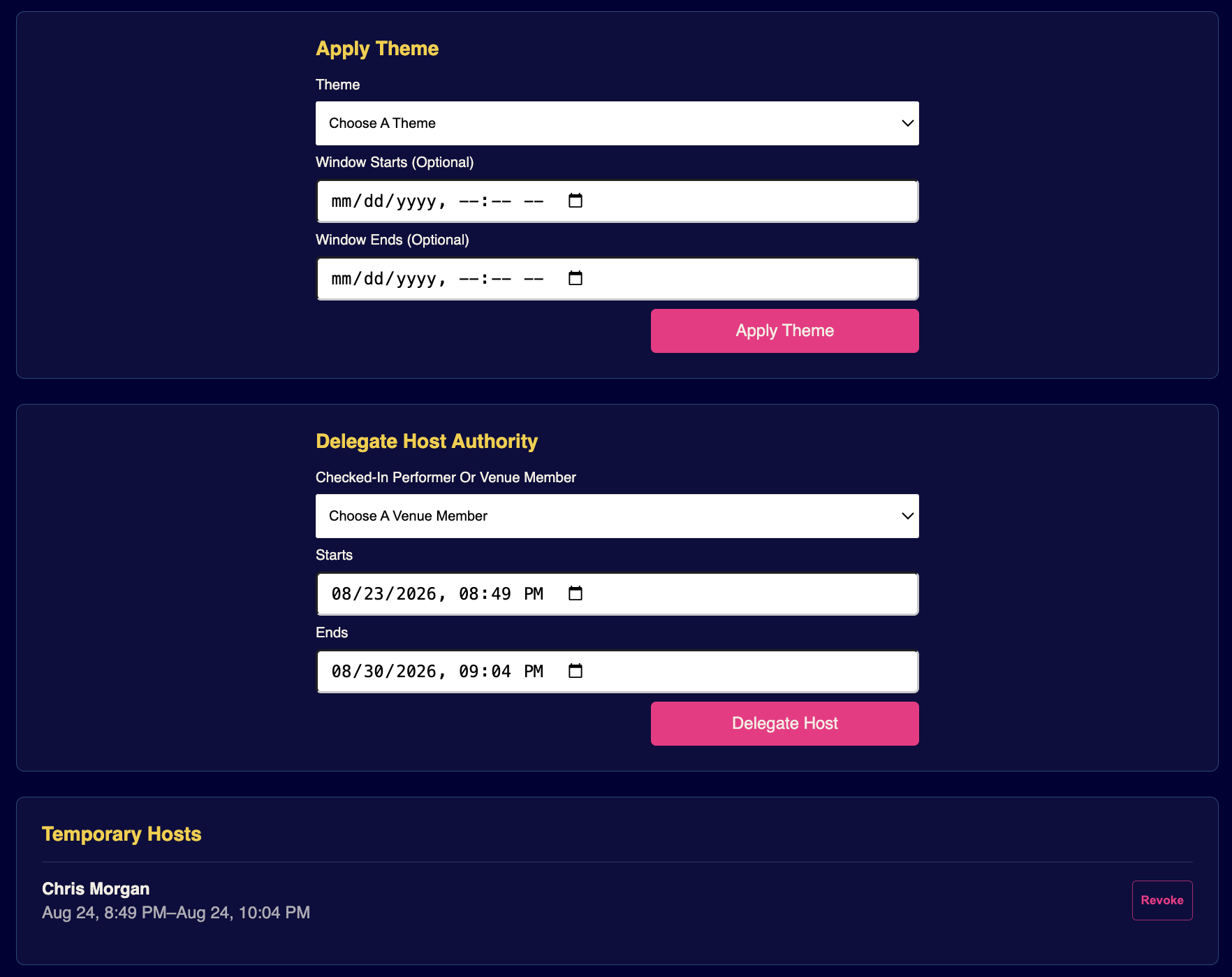 The owner workspace shows theme application, delegated-host controls, and an active temporary host with a revoke action.