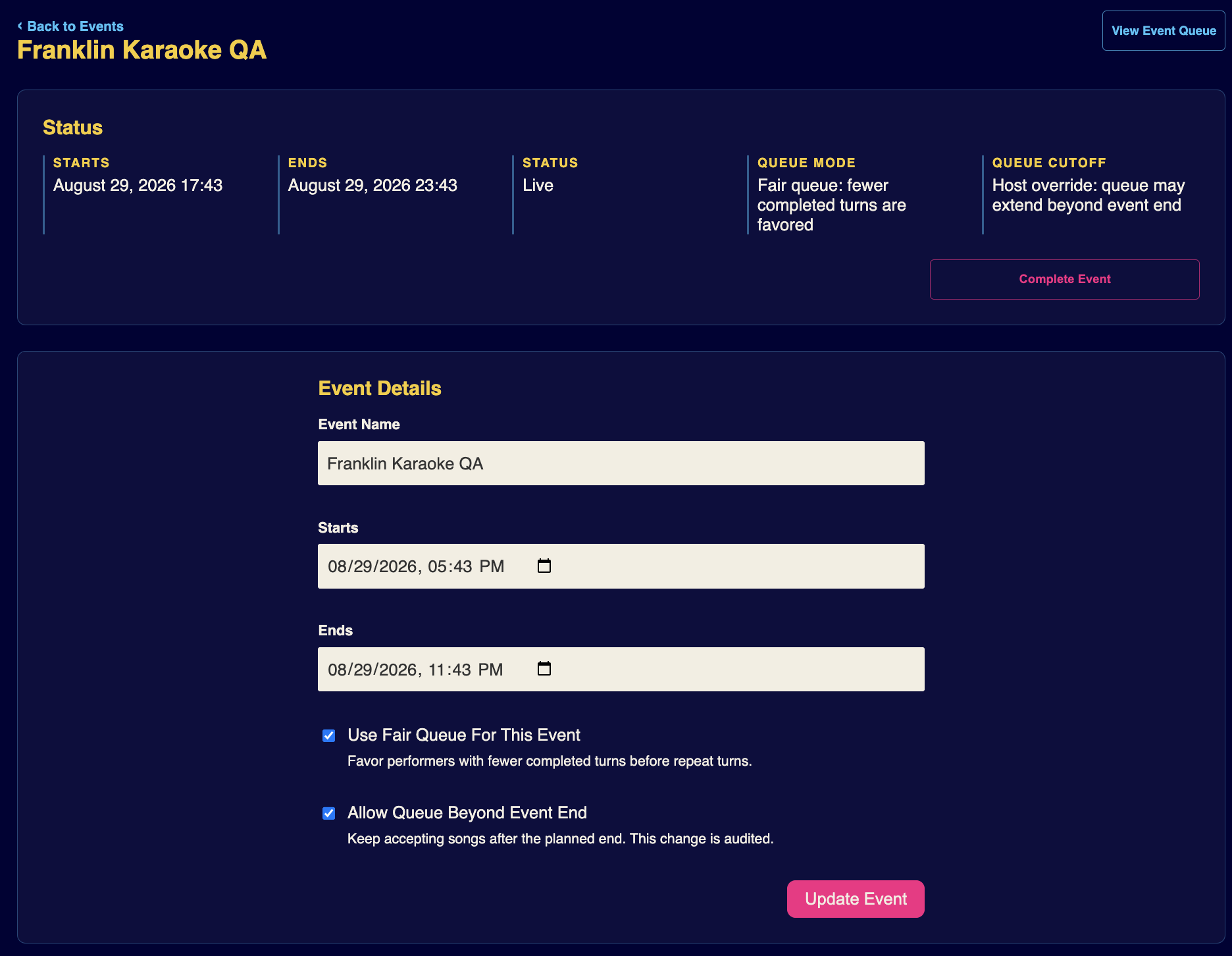 The owner event workspace shows live status, event details, fair-queue configuration, and a queue cutoff decision.