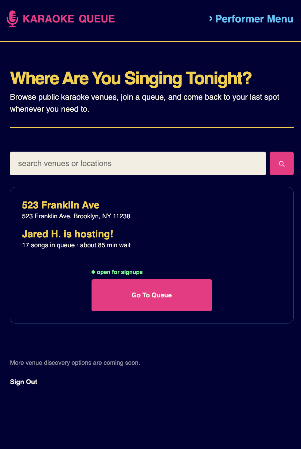 A performer discovers a live venue and sees its queue status on a mobile phone.