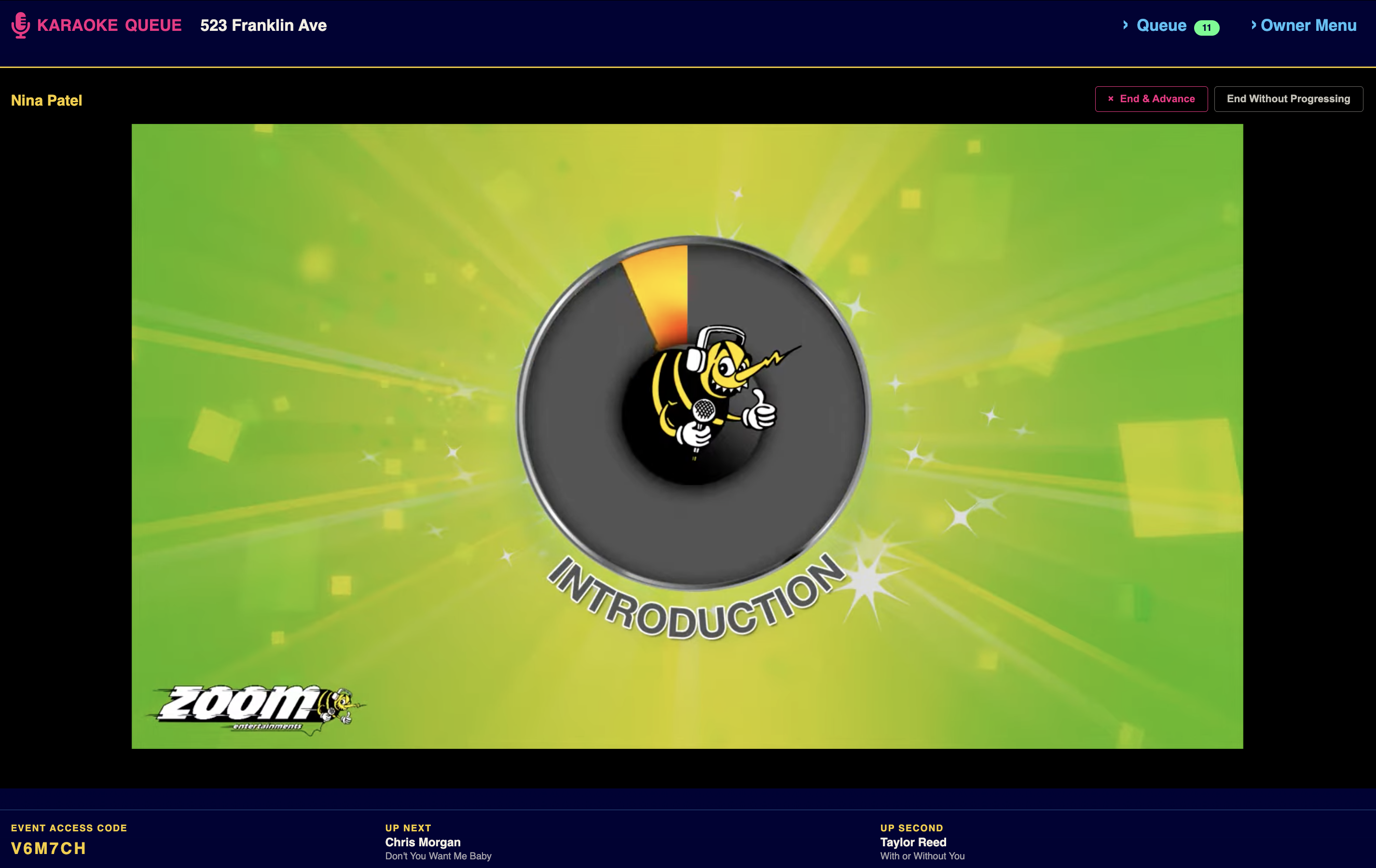 Presentation mode shows the active karaoke video, event access code, and the next two performers.