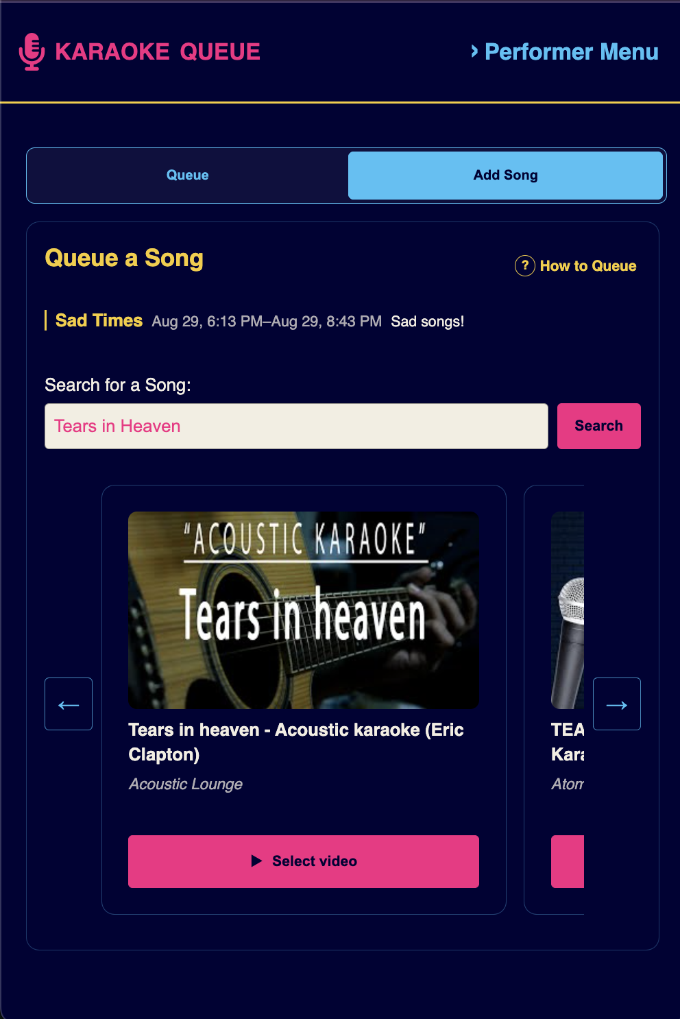 A performer searches for Tears in Heaven and selects a karaoke video from the result rail.